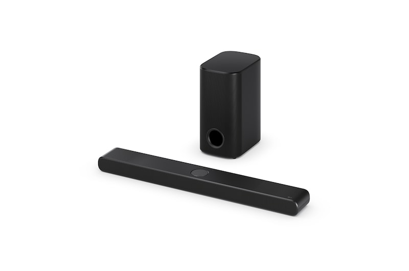 Horní natočený pohled na LG Soundbar S77TY a subwoofer