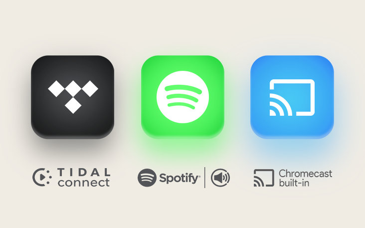 "Logo TIDAL Connect Logo Spotify Integrované logo Chromecast"