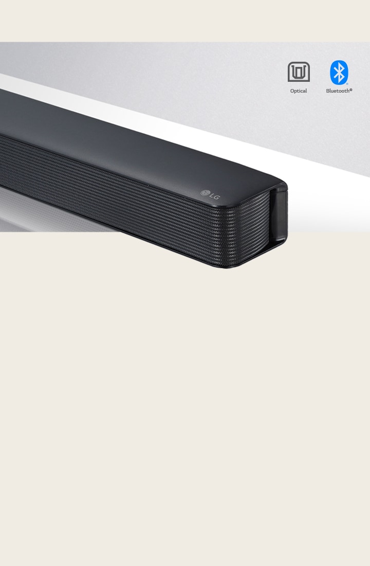 Detail pravé strany zařízení LG Soundbar s logem LG v pravém dolním rohu. Ikony konektivity zobrazené nad produktem. 