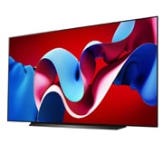 Slightly-angled right-facing side view of LG OLED evo TV, OLED C4 with LG Soundbar below and a subwoofer to the side