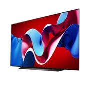 Slightly-angled right-facing side view of LG OLED evo TV, OLED C4 with LG Soundbar below
