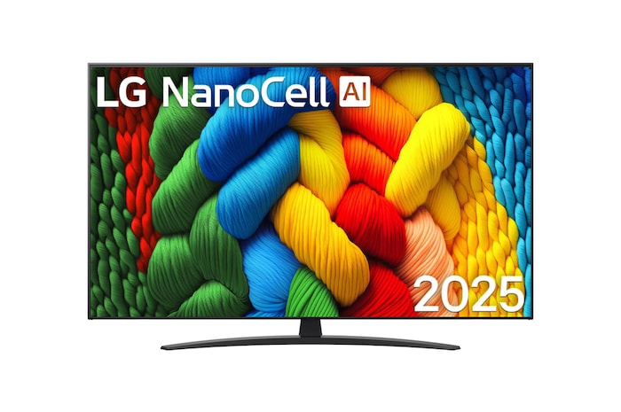 Čelní pohled na NanoCell TV, logo LG NanoCell Al v horním rohu. LG NanoCell NANO80 TV zobrazuje barevné kreslené textury, které se spojují.