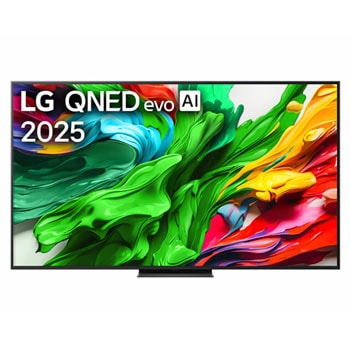 Pohled na LG QNED evo QNED85 TV zepředu, logo LG QNED evo Al v horním rohu. LG QNED evo QNED85 TV zobrazuje barevné kreslené textury, které se spojují.