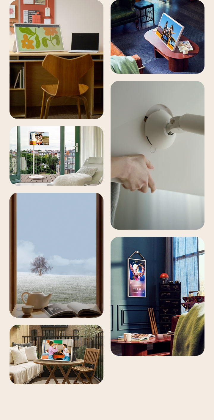 Různé obytné prostory ukazující různé způsoby použití a využití obrazovky LG StanbyME 2. V některých prostorech je obrazovka opřena jako tablet pomocí krytu typu folio. V jiných prostorech je zavěšena na zdi jako stylový doplněk interiéru. Další prostory ukazují, jak lze obrazovku snadno namontovat na rolovací, nastavitelný televizní stojan.