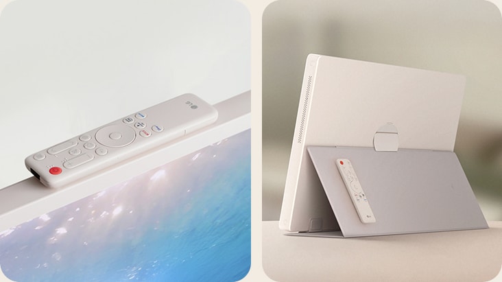 Dva obrázky zařízení StanbyME 2. Jeden zobrazuje magnetické dálkové ovládání připevněné k horní straně zařízení. Druhý zobrazuje magnetické dálkové ovládání připevněné k zadní straně zařízení.