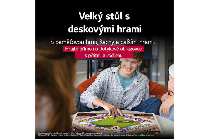 A group of friends playing a board game on the LG StanbyME 2 on the table. The Big Tablet Screen is featured. Text talks about playing directly on the touchscreen.