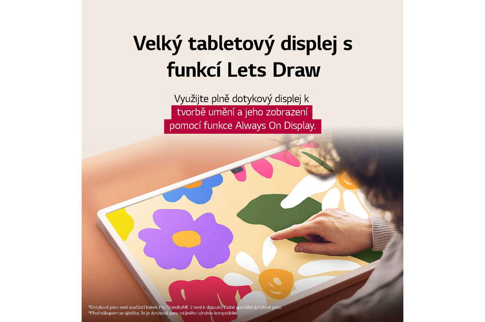 LG StanbyME 2 is on a table. Let's Draw is in use. A person is creating artwork using just their finger and the touchscreen. The text talks about how you can use your screen as a digital canvas and display artwork through the Always On Display.