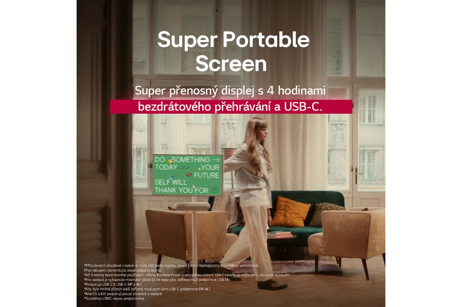 A person rolling their LG StanbyME 2 using the TV stand. The text explains how the Super Portable Screen has 4 hours of wireless playback and USB-C.