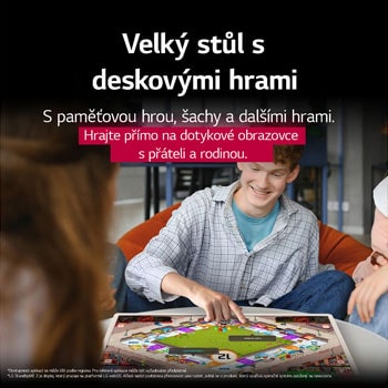 A group of friends playing a board game on the LG StanbyME 2 on the table. The Big Tablet Screen is featured. Text talks about playing directly on the touchscreen.