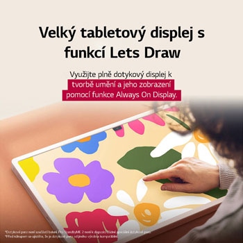 LG StanbyME 2 is on a table. Let's Draw is in use. A person is creating artwork using just their finger and the touchscreen. The text talks about how you can use your screen as a digital canvas and display artwork through the Always On Display.