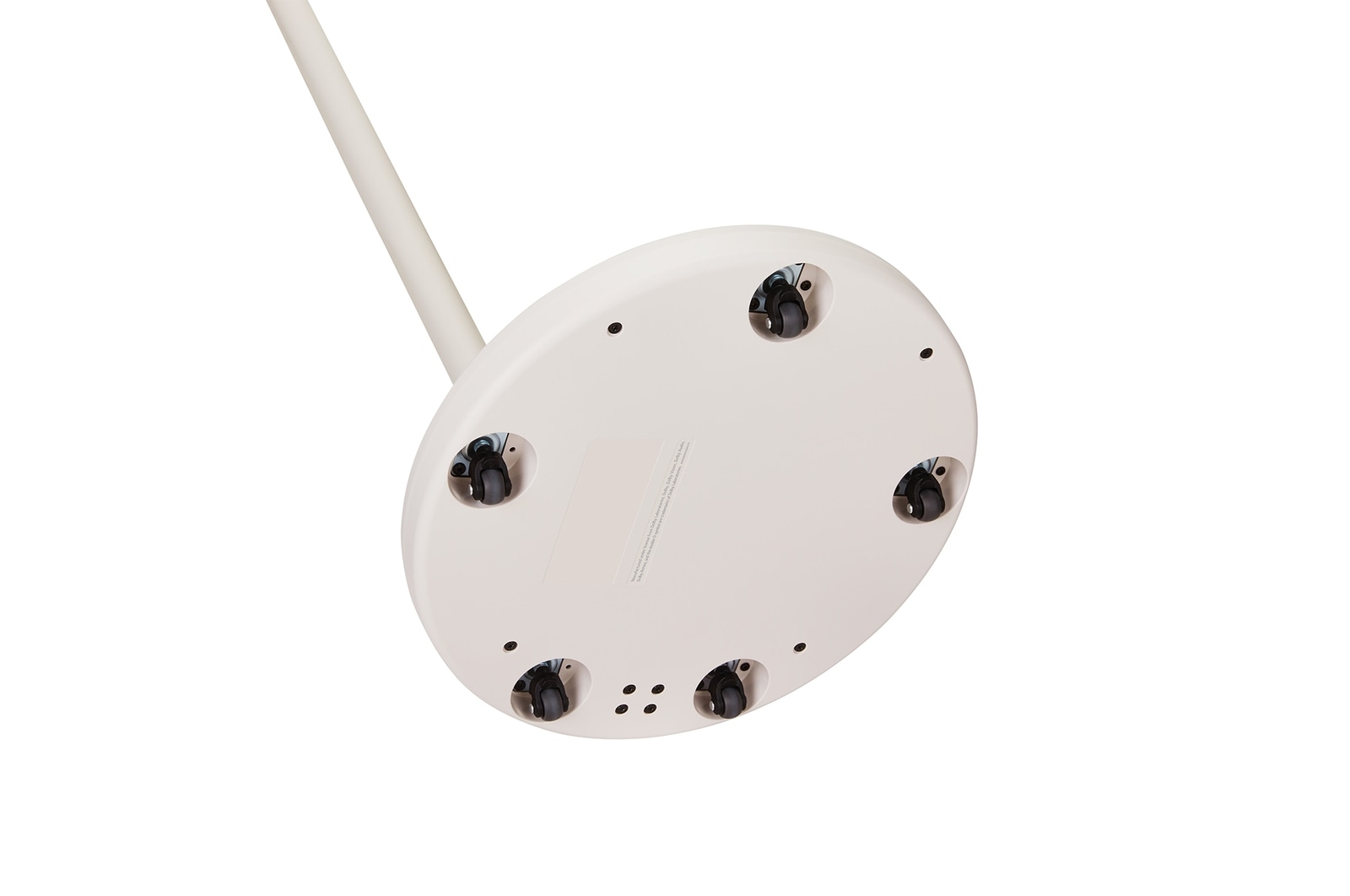 Bottom view of the LG StanbyME 2 stand. Wheels beneath the stand are visible.