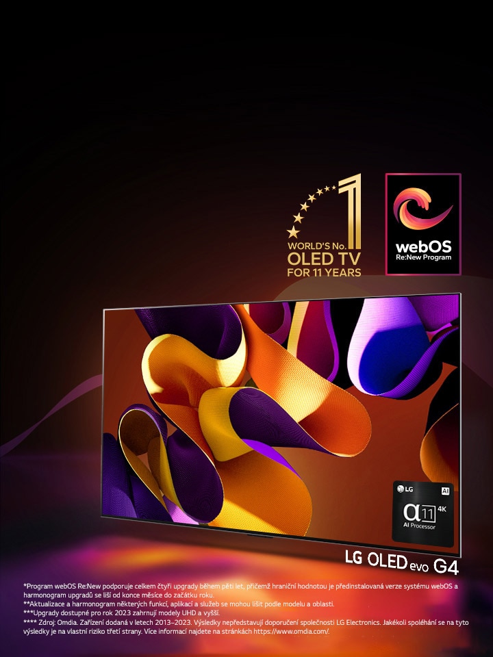 Televizor LG OLED evo G4 s abstraktní barevnou kresbou na obrazovce na černém pozadí s jemnými barevnými víry. Z obrazovky vyzařuje světlo a vrhá barevné stíny. Procesor alpha 11 AI 4K se nachází v pravém dolním rohu televizní obrazovky. Na obrázku je emblém „Světová jednička mezi OLED televizory již 11 let“ a logo programu webOS Re:New. Prohlášení o vyloučení odpovědnosti: „Program webOS Re:New podporuje celkem čtyři upgrady během pěti let, přičemž hraniční hodnotou je předinstalovaná verze systému webOS a harmonogram upgradů se liší od konce měsíce do začátku roku.“  „Aktualizace a harmonogram některých funkcí, aplikací a služeb se mohou lišit podle modelu a oblasti.“  „Upgrady dostupné pro rok 2023 zahrnují modely UHD a vyšší.“ „Zdroj: Omdia. Zařízení dodaná v letech 2013–2023. Výsledky nepředstavují doporučení společnosti LG Electronics. Jakékoli spoléhání se na tyto výsledky je na vlastní riziko třetí strany. Více informací najdete na stránkách https://www.omdia.com/.“