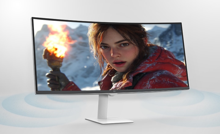 Monitor zobrazující živou filmovou scénu, následovaný multitaskingovou obrazovkou s videokonferencí a grafem akcií v reálném čase, zdůrazňující imerzivní zvuk a funkce pro zvýšení produktivity.