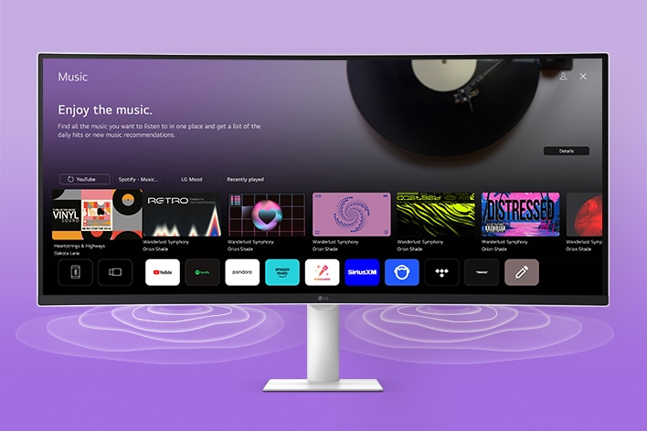 Na obrazovce LG Smart Monitor se zobrazuje rozhraní hudebních aplikací.