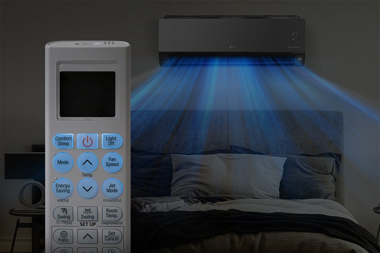 Tmavý obrázek postele v noci zobrazuje klimatizaci nainstalovanou na zdi a modrý vzduch proudící nad postelí. V popředí je možné vidět přední stranu dálkového ovládání zobrazující tlačítka a teplotu, které jsou modře zvýrazněné pro dobrou viditelnost ve tmě.
