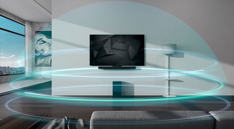 Třívrstvé zvukové vlny ve tvaru modré kopule pokrývají soundbar a televizor zavěšený na stěně obývacího pokoje.