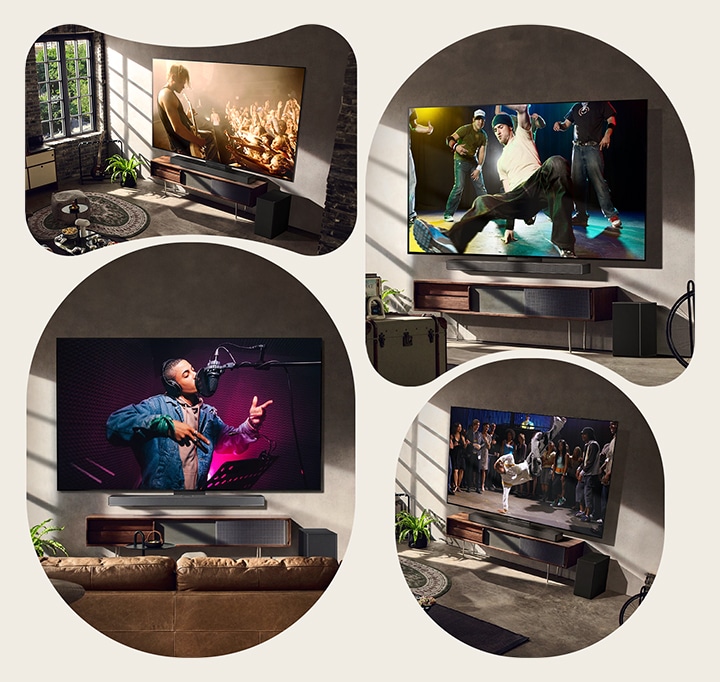 There are three lifestyle images. From top to bottom: three men are enjoying a concert video in the living room. There's an LG TV on the wall displaying a music recording scene, and the LG TV on the wall showing a breaking dance scene in a diagonal view.