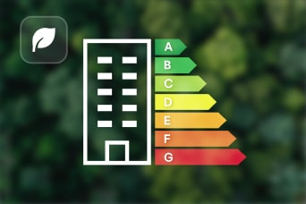 An energy efficiency rating chart and a building symbol.