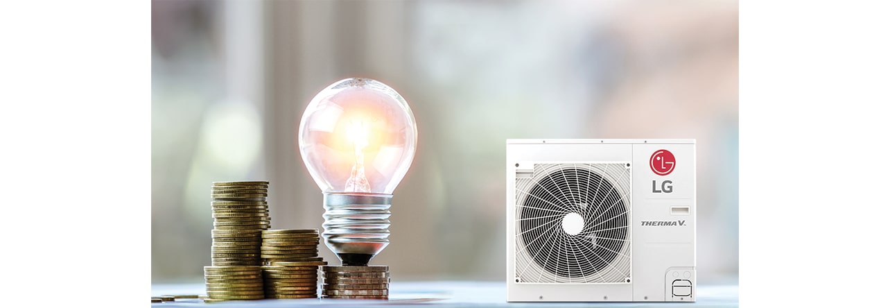 A light bulb on a coin and heat pump