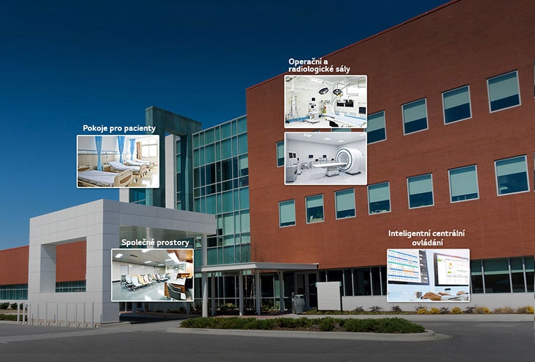 Obrázek nemocnice s miniaturami pokoje pro pacienty, společných prostor, operačního sálu, radiologického sálu a řídicího centra.