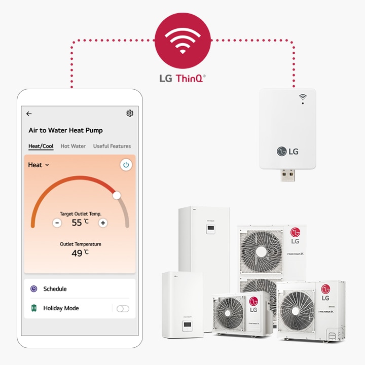 Chytrý telefon s aplikací LG ThinQ je umístěn vlevo a je připojen k rozdělení tepelného čerpadla vzduch-voda LG a WiFi modemu vpravo pomocí tečkované čáry.