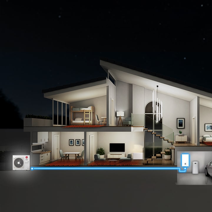 3D půdorys ukazuje venkovní jednotku LG zcela vlevo a vnitřní jednotku na stěně garáže zcela vpravo, vzájemně propojené modrými čarami.