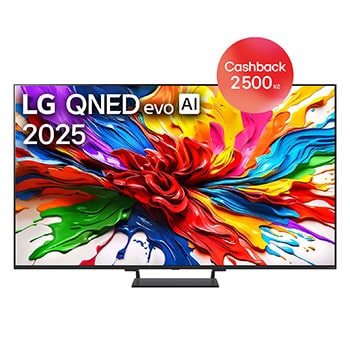 Pohled na LG QNED evo QNED92 TV zepředu, logo LG QNED evo Al v horním rohu. Televizor LG QNED evo zobrazuje barevné kreslené textury, které se spojují.