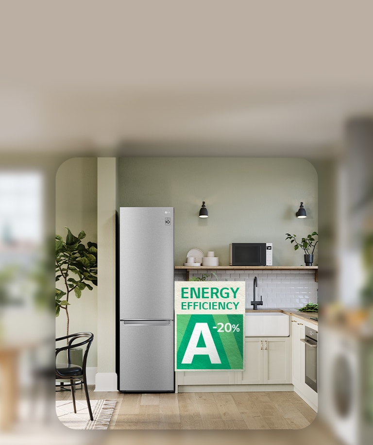 Kitchen image with refrigerator and energy efficiency badge.