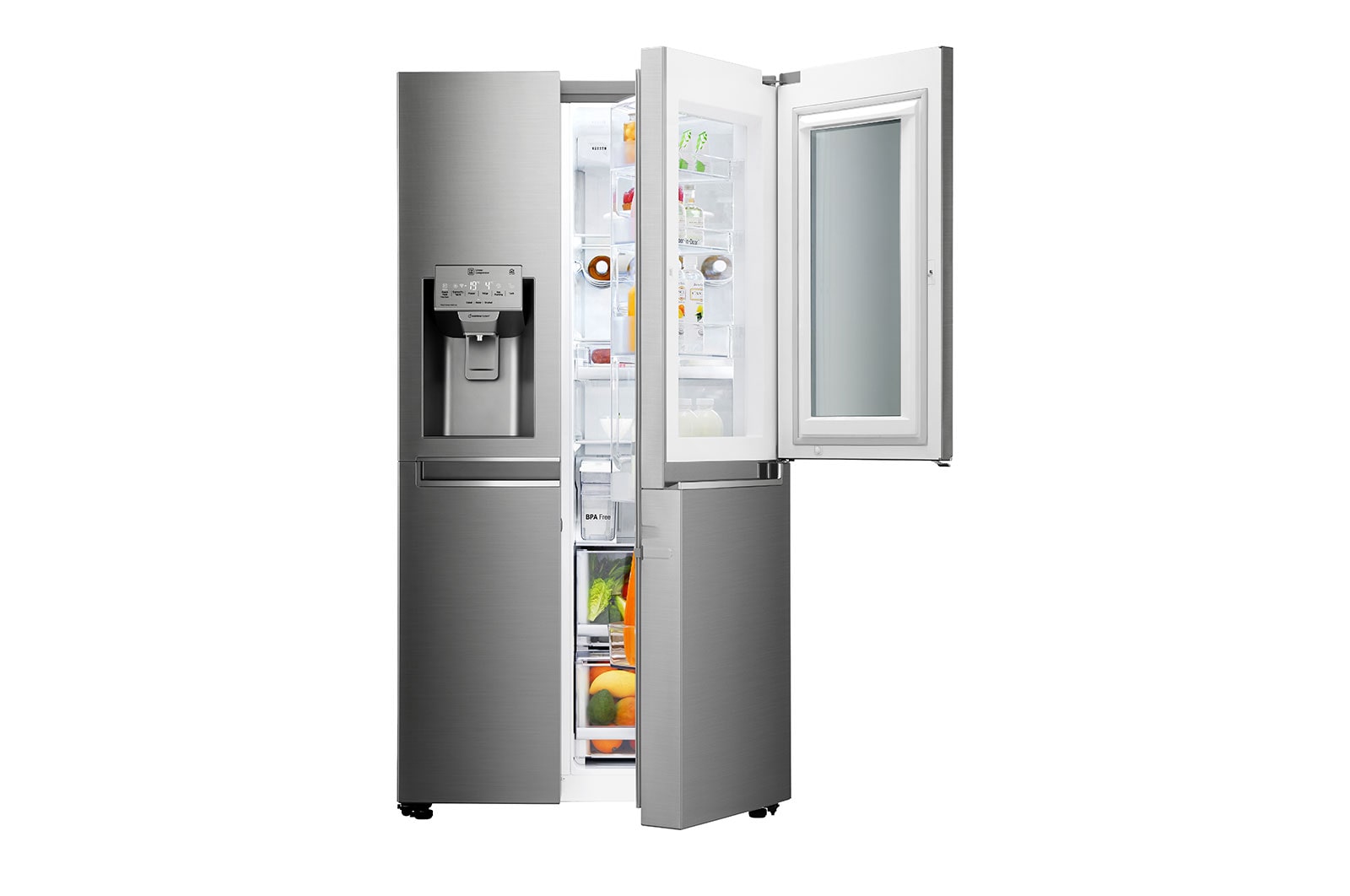 LG Americká chladnička | InstaView Door-in-Door™ | F | Hrubý objem 675 l | 431 kWh/rok | LG Lineární invertorový kompresor | LG Total No Frost | Multi-Air Flow™ | Nápojový automat | Pure N Fresh™ | ThinQ™ + WiFi, GSX961NSAZ