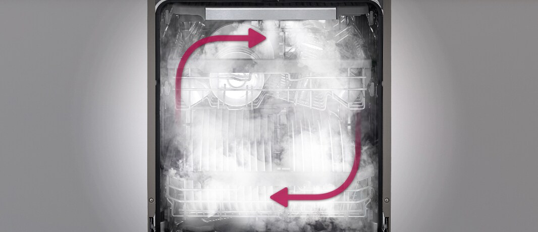 Vnitřní pohled na parní myčku s kompletním pokrytím pro důkladné mytí.