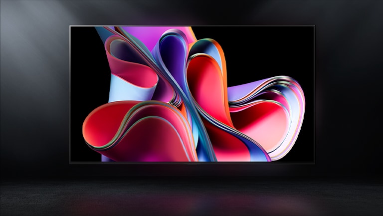 Obrázek LG OLED G3 na černém pozadí zobrazující jasně růžové a fialové abstraktní umělecké dílo.