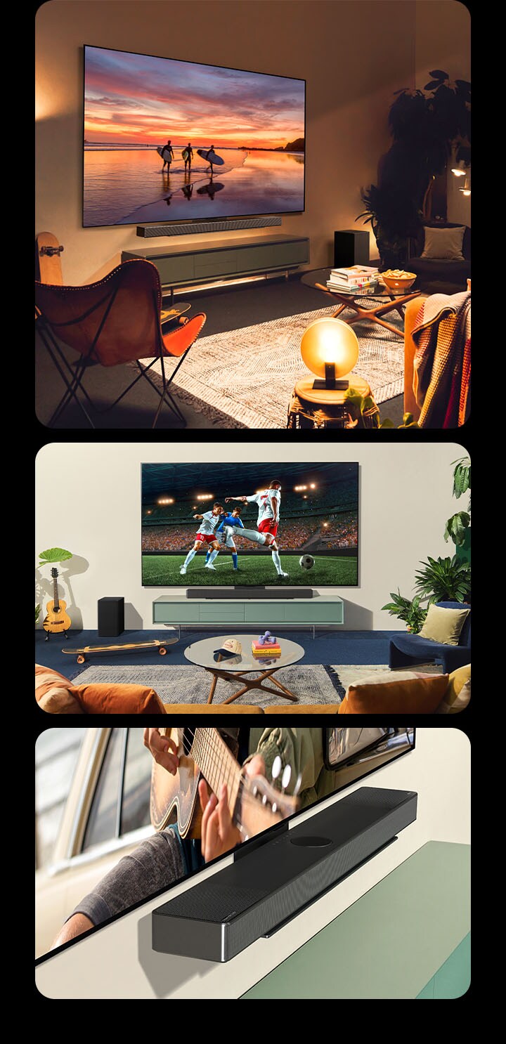 Pohled z bočního profilu na televizor LG OLED evo C4 zobrazující fotografii krajiny v obývacím pokoji v neformálním a bohémském stylu s teplým osvětlením. Dvě ženy si užívají a fandí fotbalovému zápasu na televizoru LG OLED evo C4 ve světlém a neformálním obývacím pokoji. Soundbar LG SC9 se elegantně připojuje k televizoru. Šikmý pohled na televizor LG OLED evo C4 připojený k soundbaru LG Soundbar SC9 pomocí držáku Synergy.