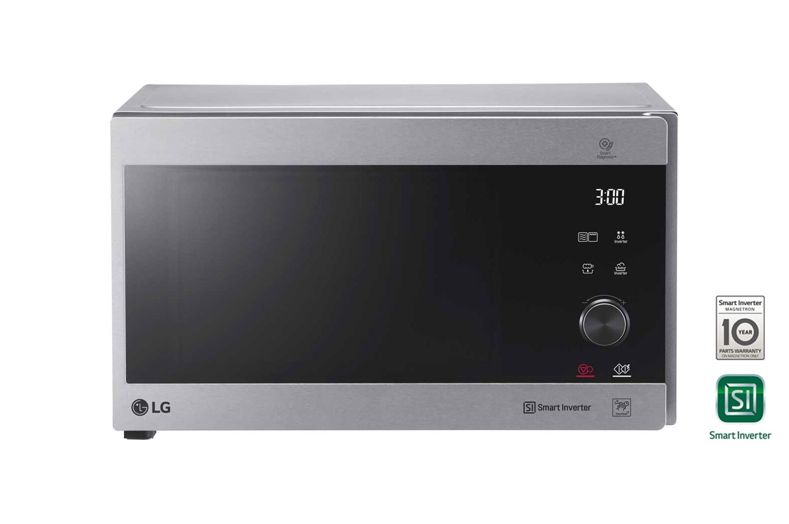 Pohled zepředu na mikrovlnnou troubu MH6565CPS v černé barvě s LED displejem. Dotykový panel pro ovládání funkcí