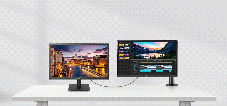Monitor DualUp zabírá kompaktní prostor pouze pro jeden monitor, ale tento monitor s poměrem stran 16 : 18 podporuje dva 21,5palcové monitory na jedné obrazovce.