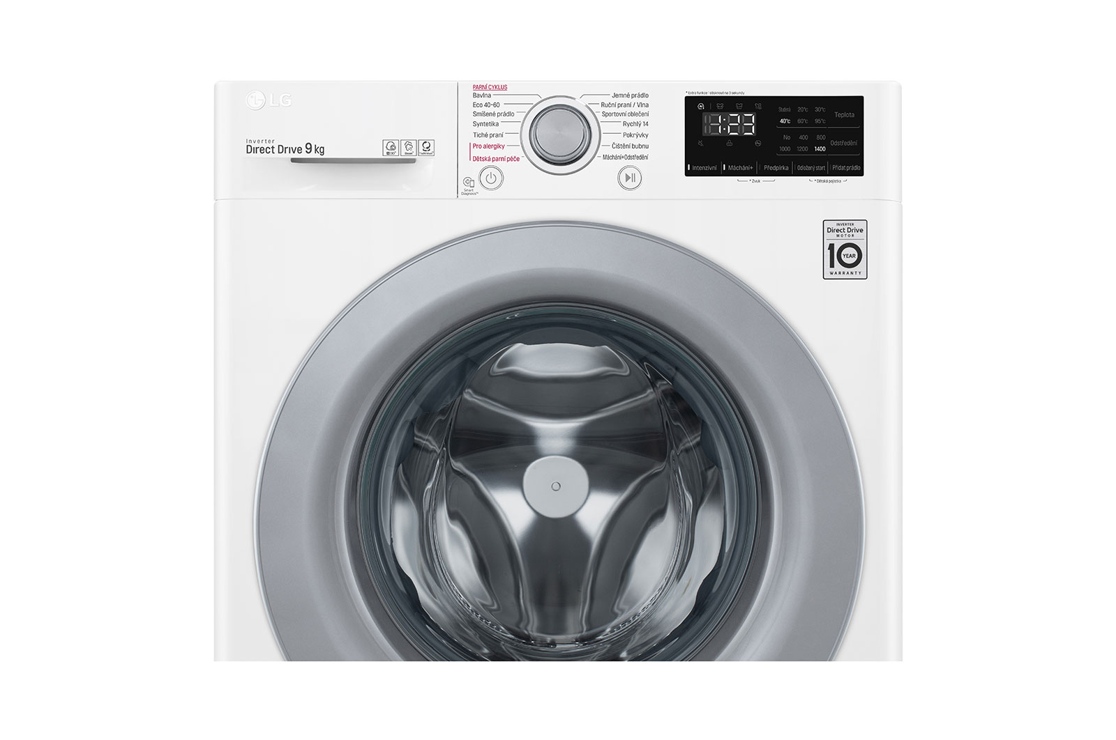 LG 9 kg parní pračka, Direct Drive™ motor, optimální volba pracích pohybů, parní praní Steam™, Smart Diagnosis, Funkce přidat prádlo, F49V3VW4W