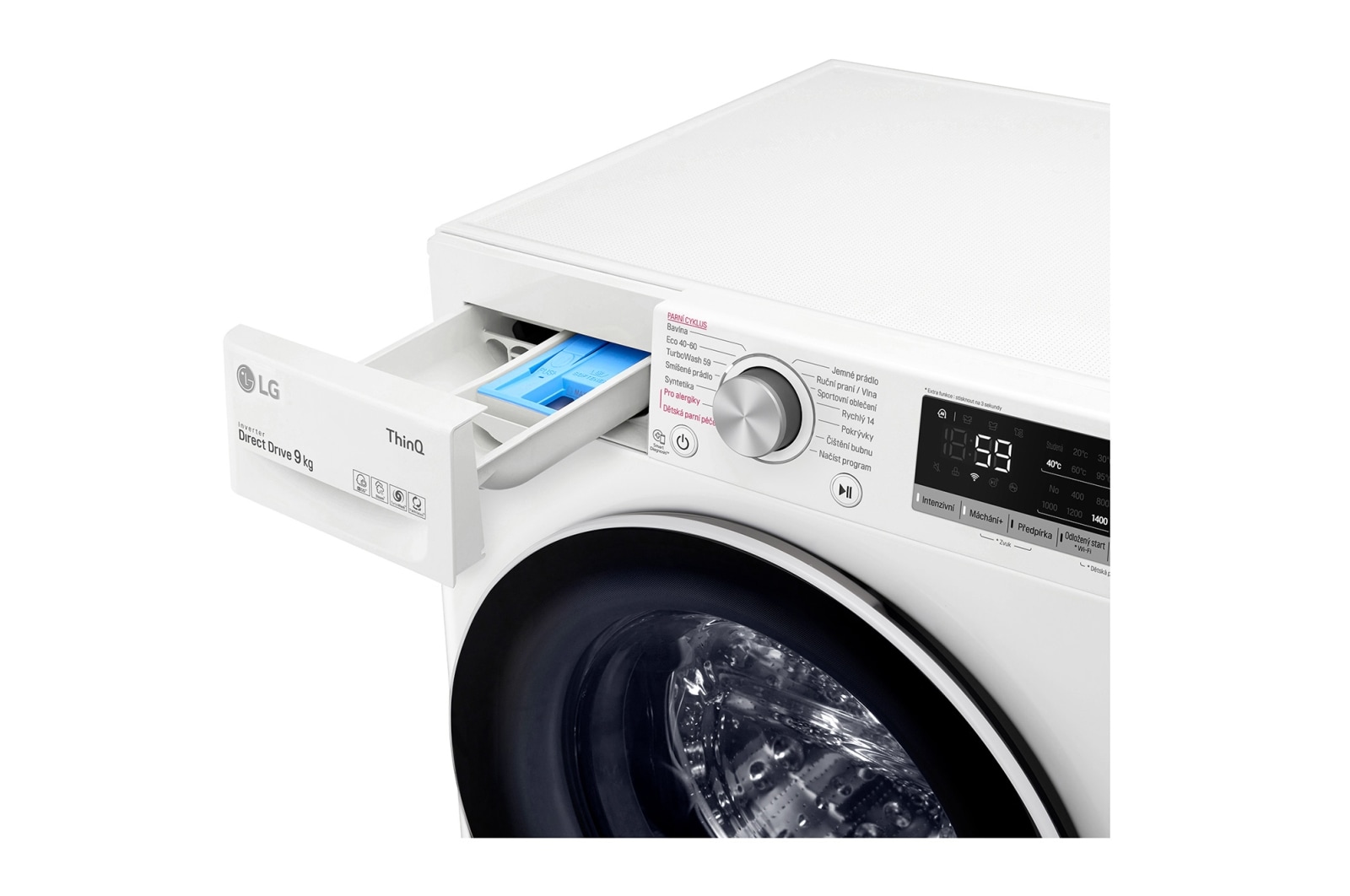 LG 9 kg parní pračka, Direct Drive™ motor, optimální volba pracích pohybů, parní praní Steam™, TurboWash™, ThinQ+WiFi, F49V5VW0W