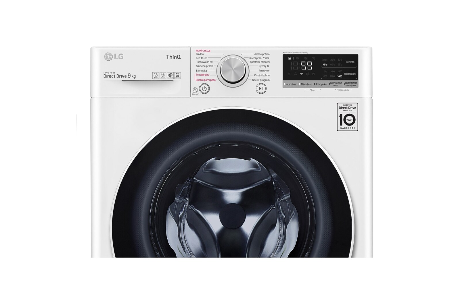 LG 9 kg parní pračka, Direct Drive™ motor, optimální volba pracích pohybů, parní praní Steam™, TurboWash™, ThinQ+WiFi, F49V5VW0W