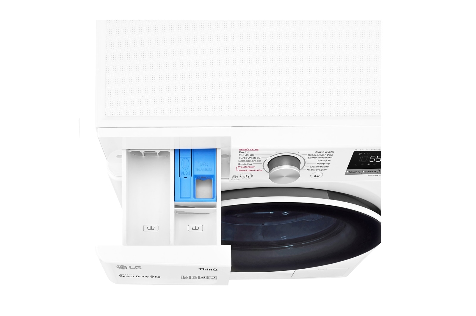 LG 9 kg parní pračka, Direct Drive™ motor, optimální volba pracích pohybů, parní praní Steam™, TurboWash™, ThinQ+WiFi, F49V5VW0W