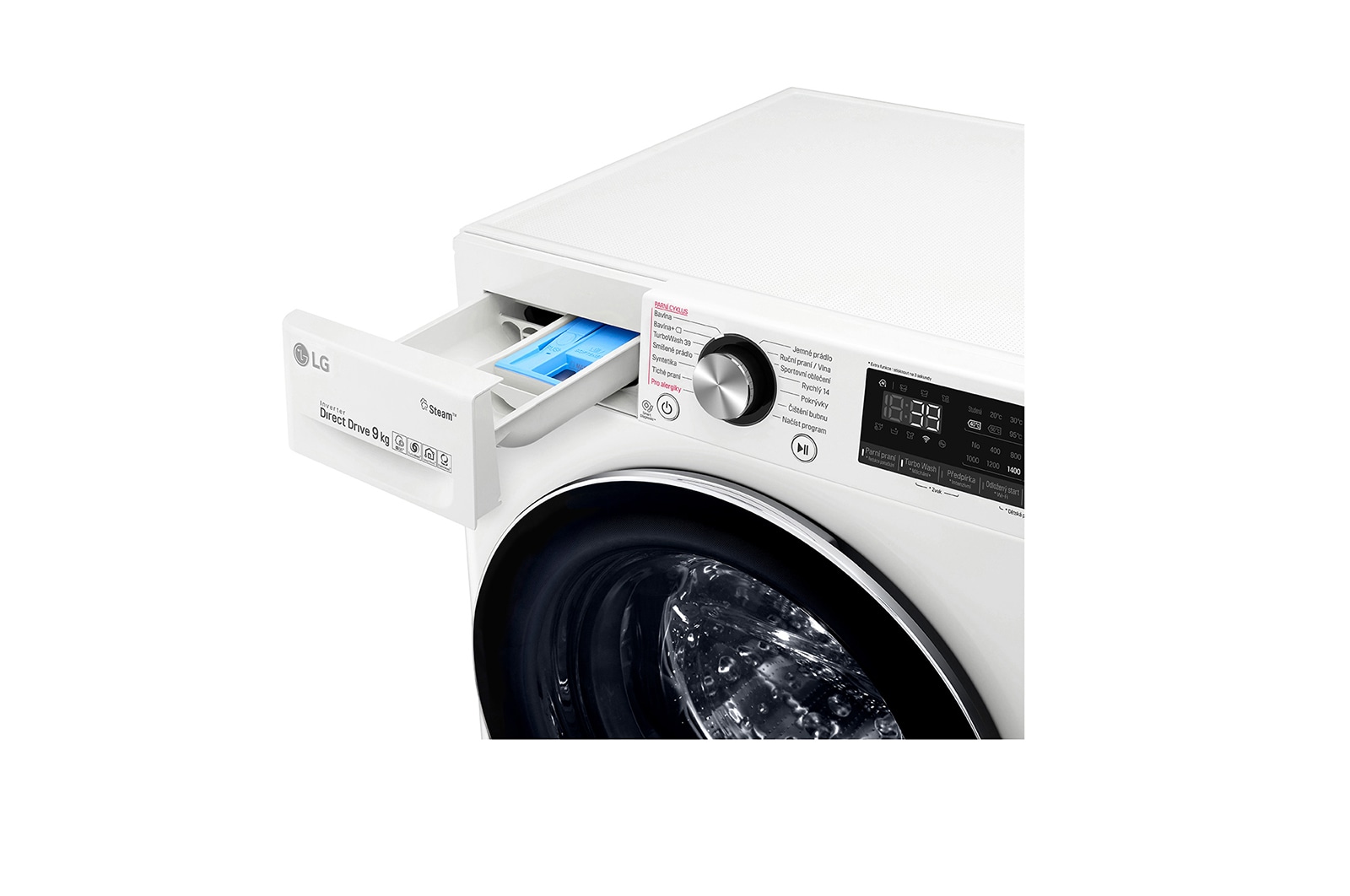 LG 9 kg parní pračka, Direct Drive™ motor, TurboWash™360° - praní za 39 minut,  AI DD™ - optimální volba pracích pohybů, parní péče Steam+™, ThinQ™ + WiFi, F4WV909P2