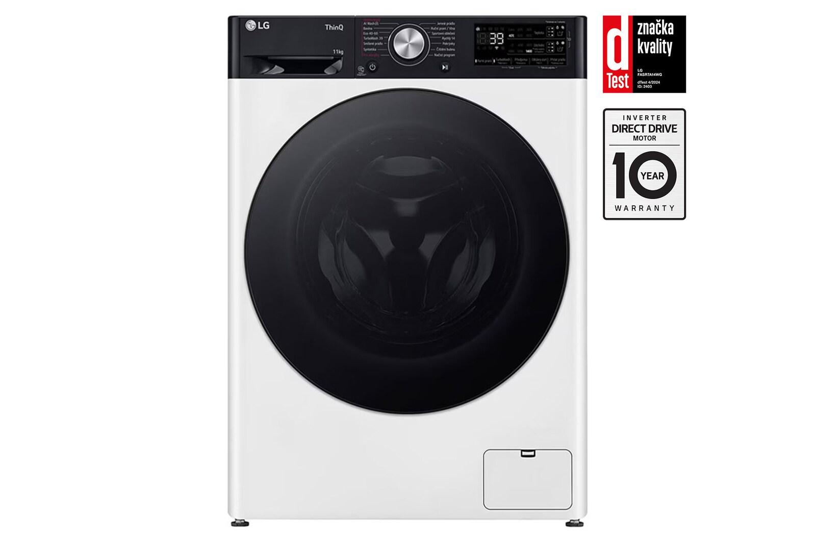 Čelní pohled na Parní pračka LG | 11 kg | A | 1400 ot./min | Direct Drive™ | AI DD™ |Bílá FASR7A14WG