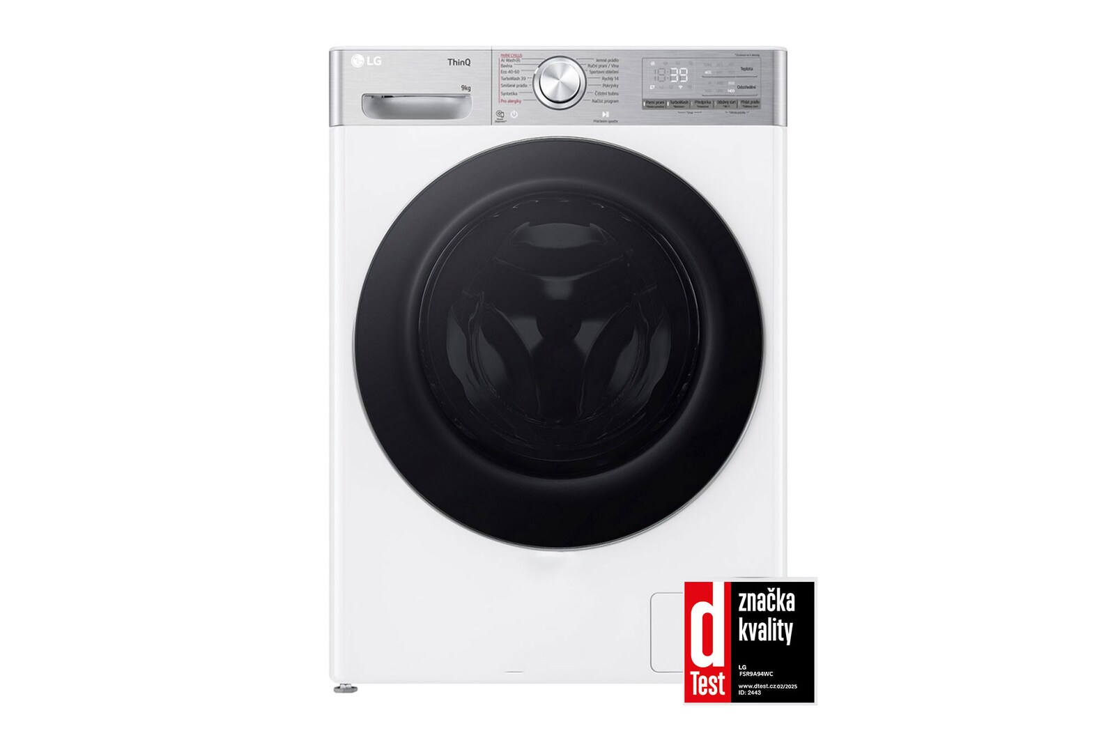 Čelní pohled na Parní pračka LG | 9 kg | A | 1400 ot./min | Direct Drive™ | AI DD™ |Bílá FSR9A94WC