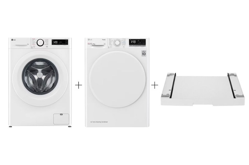 Čelní pohled na PRACÍ SET | LG Pračka FSR5A94WH + Sušička RC82V3AV0N + Výsuvný mezikus ZDARMA LAUNWDSN5