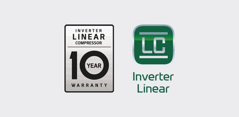 Logo 10leté záruky pro kompresor Inverter Linear Compressor je umístěno vedle loga Inverter Linear.r.