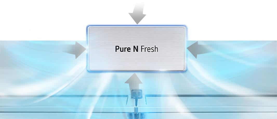 Zvýrazněná filtrace Pure N Fresh a šedá šipka, která znamená zápach, se nasaje do Pure N Fresh a čistý studený vzduch se šíří ven.