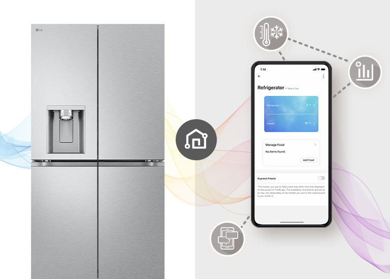 Tento obrázek ukazuje mobilní chladničku a mobilní telefon s obrazovkou ThinQ aplikace. Kolem mobilního telefonu jsou zobrazeny ikony, které představují funkce ThinQ.