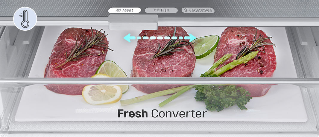 Detailní záběr na fresh converter naplněný masem, nastavený na správnou teplotu pro maso z možností maso, ryby či zelenina.