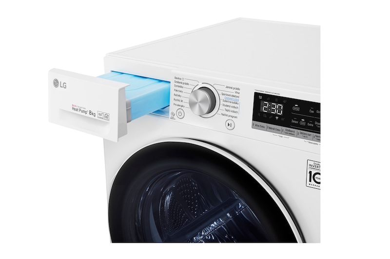 LG 8 kg hybridní sušička s tepelným čerpadlem, A+++ (v rozsahu A+++ až D), invertorový motor, Eco Hybrid™ - hybridní sušení, automatické čištění kondenzátoru, ThinQ™ + WiFi, Program Pro alergiky, RC81V9AV4Q