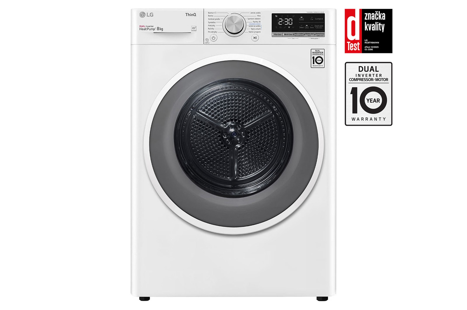 Čelní pohled na Sušička LG | 8 kg | DUAL Inverter Heat Pump™ |ThinQ™|Bílá RC8TV9AVHN
