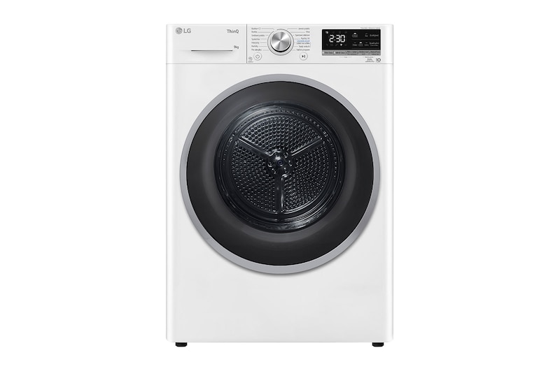 Čelní pohled na Sušička LG | 9 kg | DUAL Inverter Heat Pump™ |ThinQ™|Bílá RC91V9AVSN