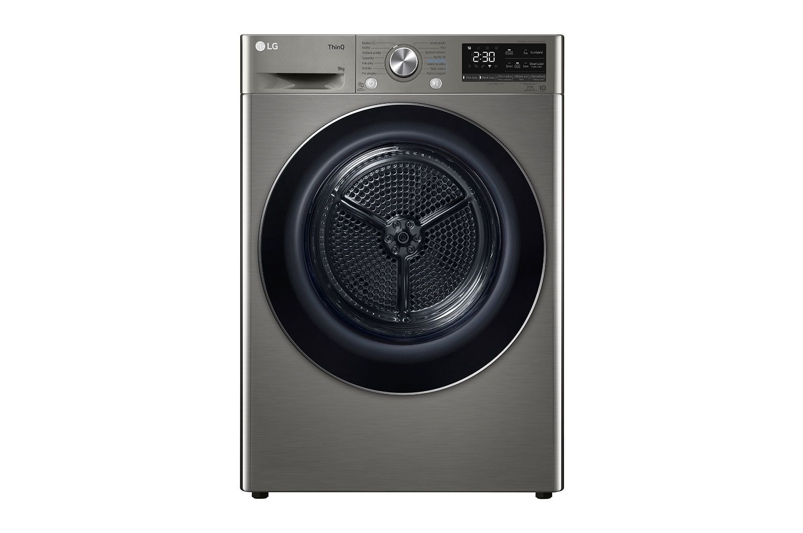Čelní pohled na Sušička LG | 9 kg | DUAL Inverter Heat Pump™ |ThinQ™|Stříbrná RC91V9EV2N